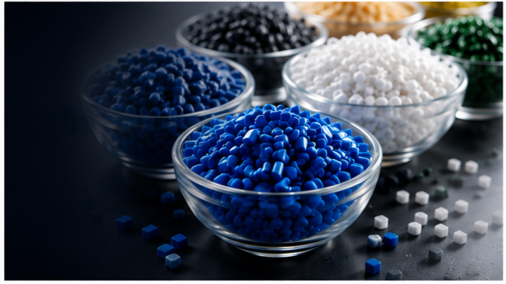 Macro shot of polymer pellets and resin granules — shallow depth of field, studio lighting, rich texture