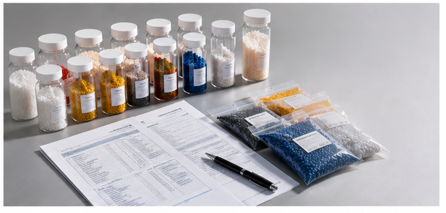 Neatly organised material sample jars and labelled bags with datasheets — premium industrial packaging, studio