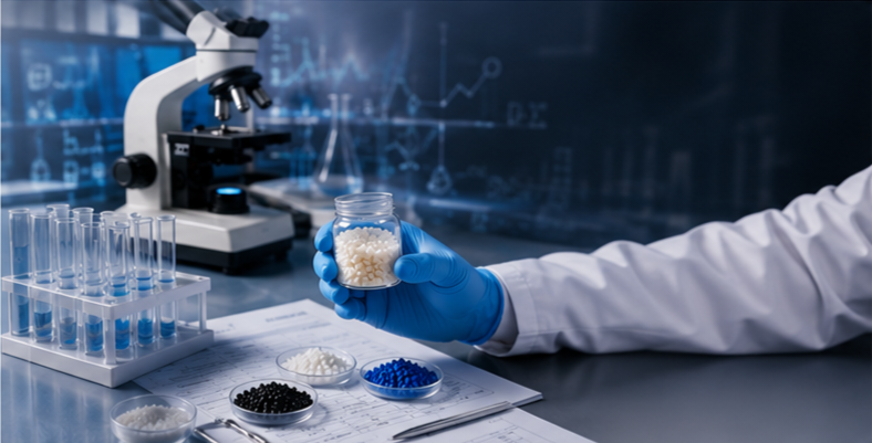 Materials laboratory — polymer analysis and quality control, engineer inspecting a sample with lab equipment, cinematic wide