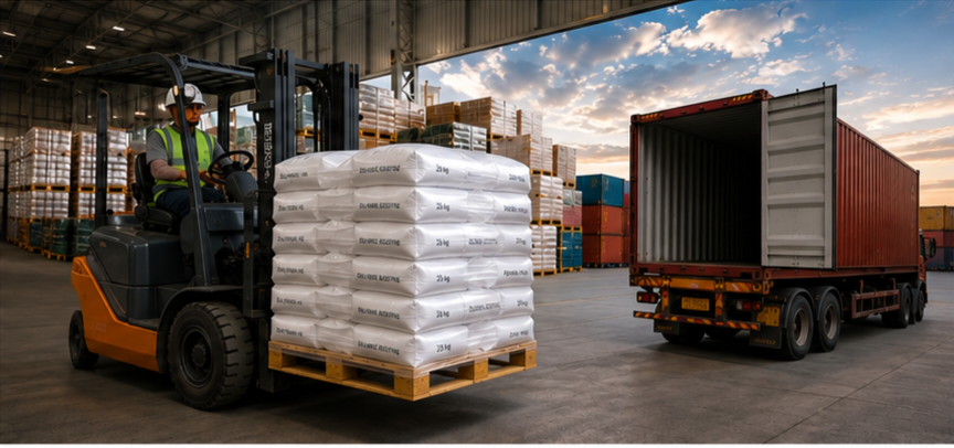 Warehouse logistics — stacked polymer bags on industrial pallets, container shipping, premium industrial photography
